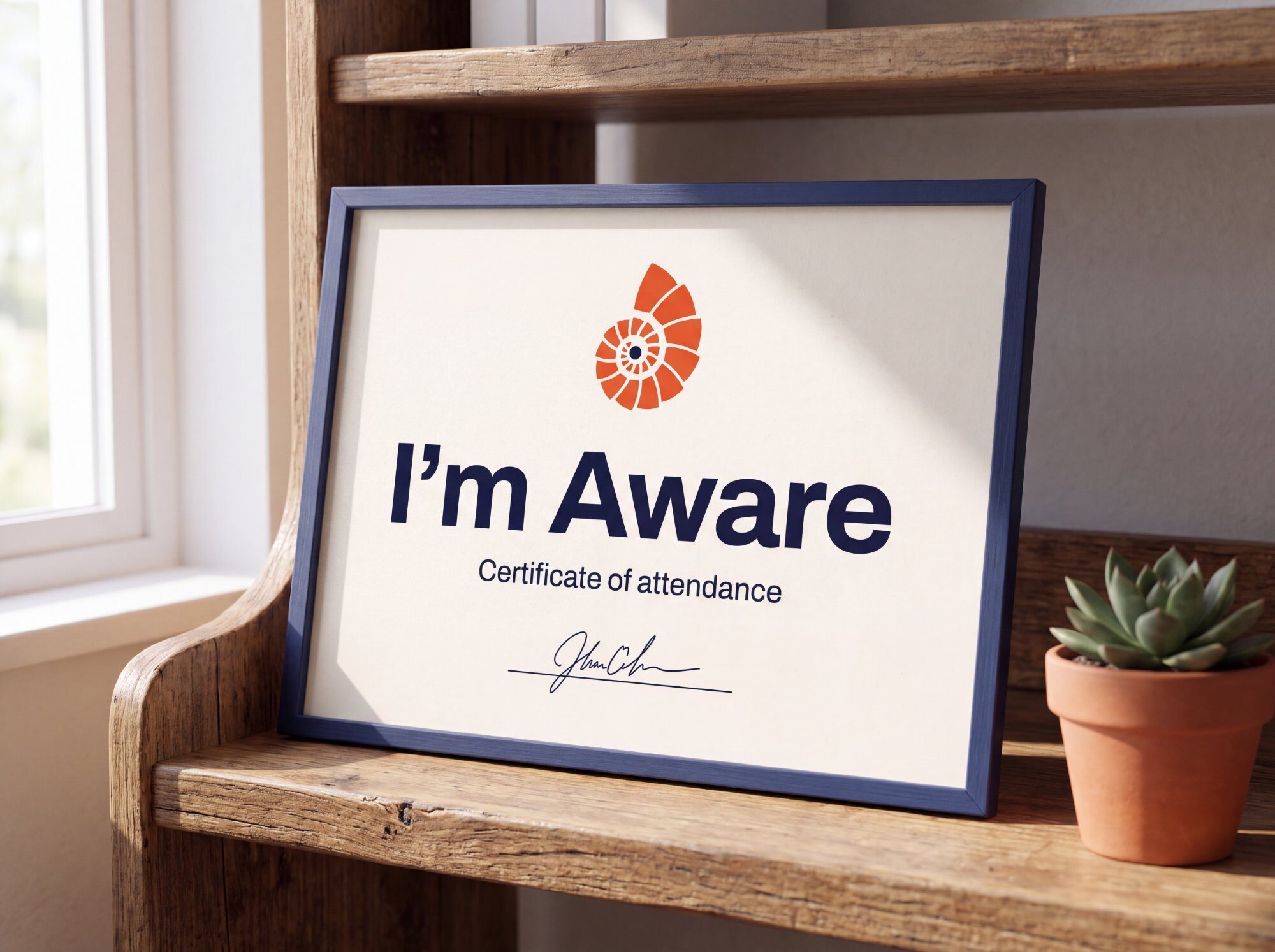 A framed I’m Aware certificate of attendance on a shelf.
